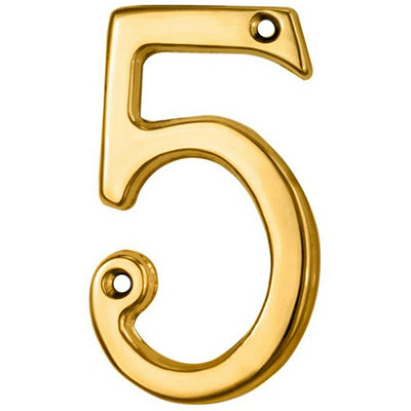 Image of Loops Polished Brass Door Number 5 75mm Height 4mm Depth House Numeral Plaque Metallics