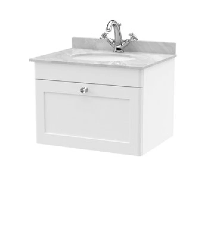 Image of Nuie Classique Wall Hung 1 Drawer Unit & 1 Tap Hole Grey Marble Top With Oval Basin, Stylish Sink Vanity Unit In Satin White With