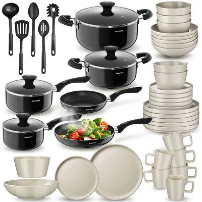 Image of Tectake Dinnerware Set For 6 People With Plates, Bowls, Utensils, Pots And Pans - Black/taupe