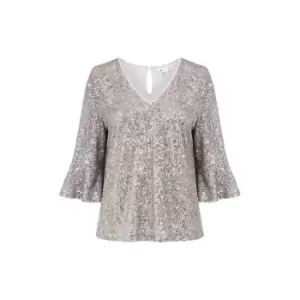 Image of Yumi Silver Sequin Top With Fluted Sleeve - Silver