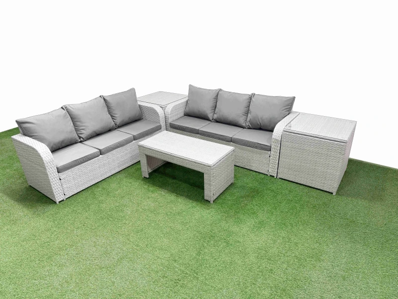 Image of Fimous Outdoor Garden Furniture Sets 6 Seater Wicker Rattan Furniture Sofa Sets with Oblong Coffee Table high Back Lounge Sofa 2 Side Table Light Grey