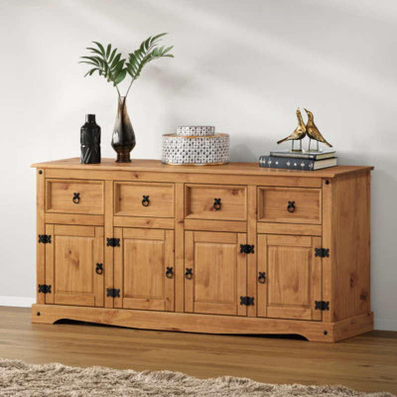 Image of Mercers Furniture Corona 4 Door 4 Drawer Sideboard Large Cabinet Storage Solid Pine With Mexican Styling, Brown COR123