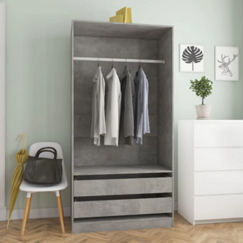 Image of vidaXL Wardrobe Chipboard 100cm Concrete Grey Clothing Cabinet Shelves Storage