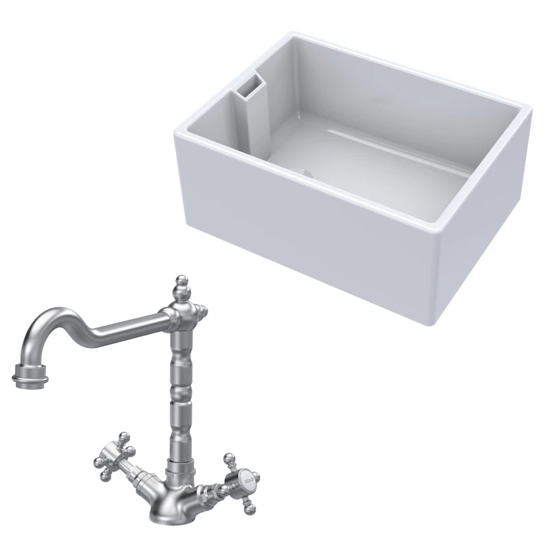 Image of Balterley Fireclay 1 Bowl Belfast Sink Tap Brushed Nickel 615mm White unisex