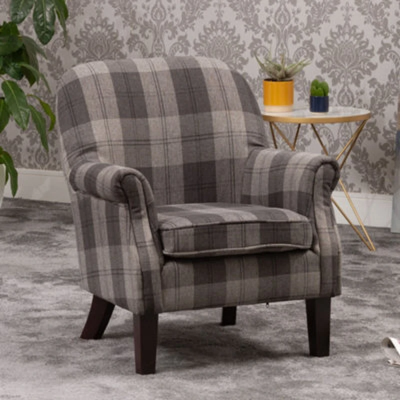 Image of Candia 65Cm Grey Chequered Fabric Armchair With Dark And Light Wooden Legs