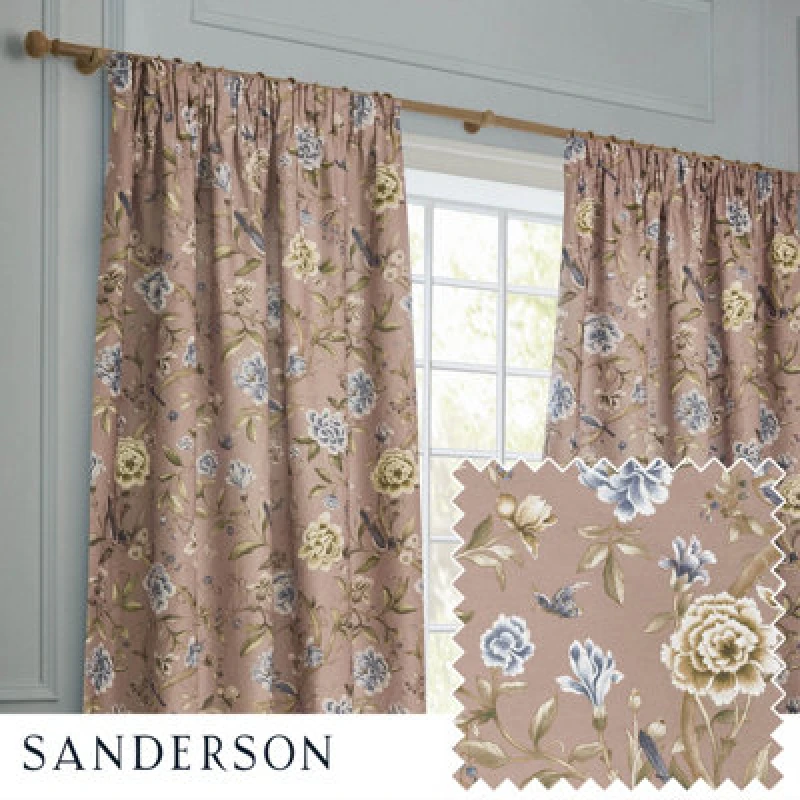 Image of Sanderson Sanderson Porcelain Garden Printed Chenille Room Darkening Pencil Pleat Curtains in Dusty Pink Size: 229cm width x 137cm drop Dusty Pink 2