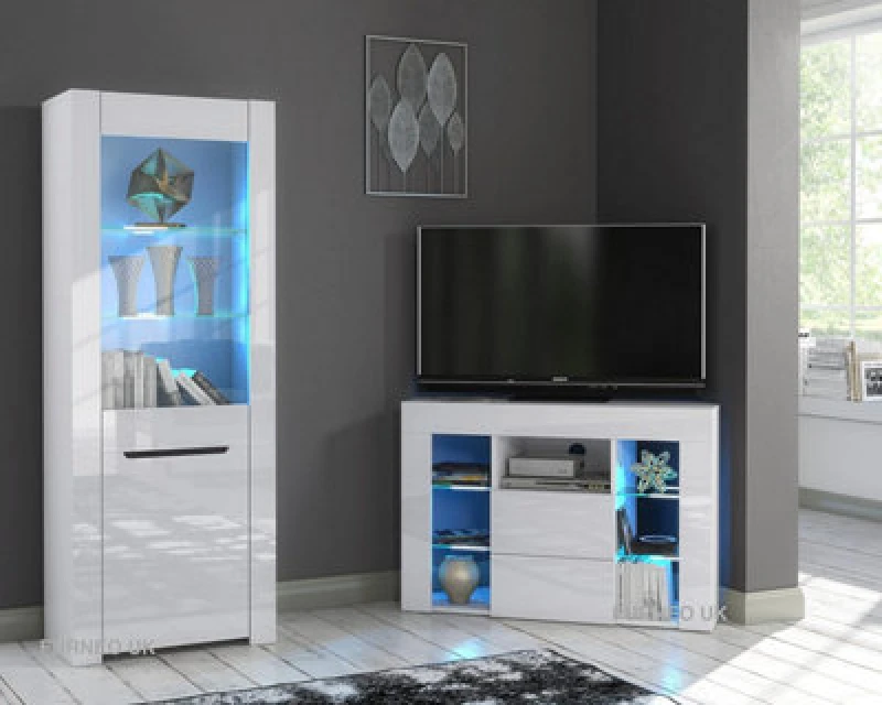 Image of Furneo High Gloss & Matt White Living Room Set Corner TV Stand Display Cabinet Blue LED Lights