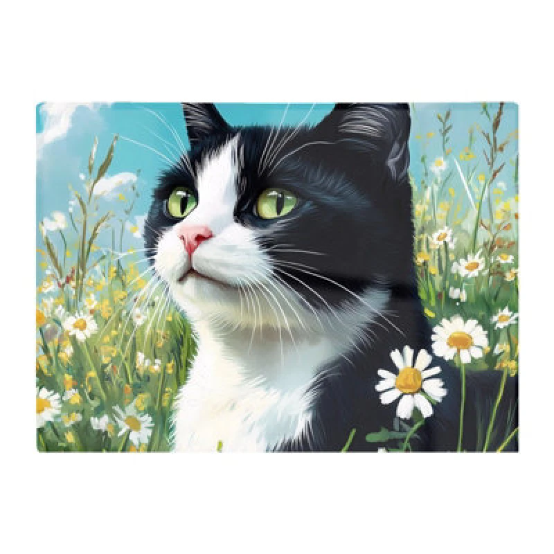 Image of Warren Reed Designer Black And White Cat In A Summer Meadow Chopping Board