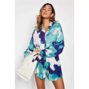 Image of I Saw It First Abstract Printed Long Sleeve Button Front Oversized Shirt Co Ord - Blue