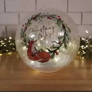 Image of 20cm Battery Operated Warm White LED Crackle Effect Ball Christmas Decoration with Christmas Wishes and Fox