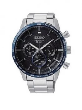 Image of Seiko Seiko Black And Blue Bezel Chronograph Dial Stainless Steel Bracelet Mens Watch
