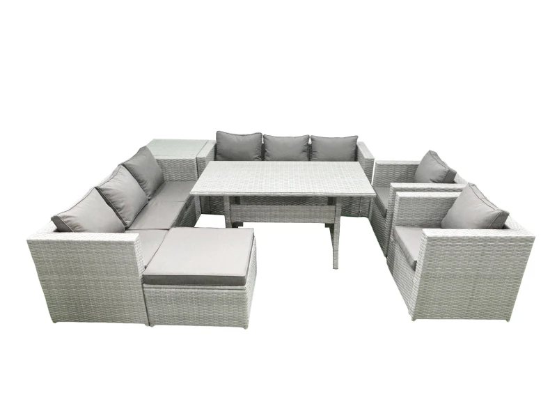 Image of Fimous Rattan Garden Furniture Set Outdoor 8 Seater Patio Dinin g Sofa Sets with Dining Table 2 Chairs Side Table Big Footstool Light Grey Mixed Light