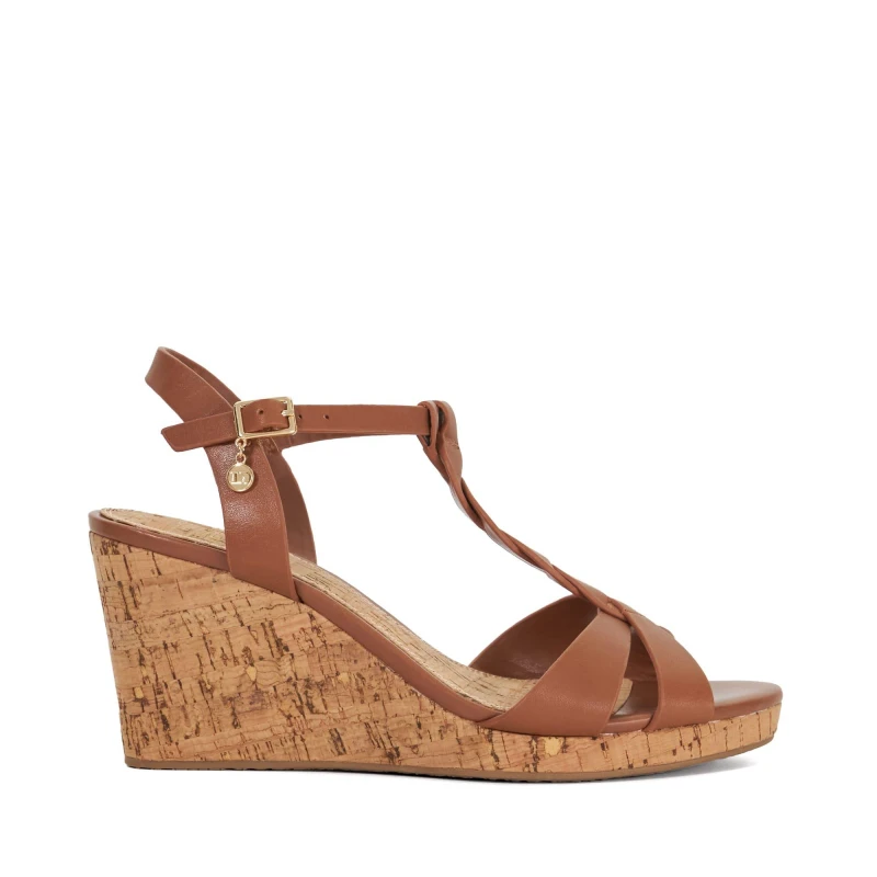 Image of Dune London Koala Tan Plait T Bar Strap Cork Wedge Sandal Brown VS2S5 Female 3,7,8