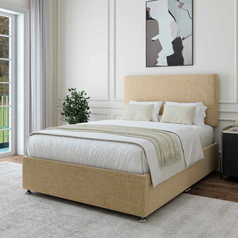 Image of Bedmaster Bedmaster Rhodes Velvet Ottoman Bed And Signature Platinum 2000 Pocket Sprung Mattress in Light Stone Size: Small Double Light Stone Small