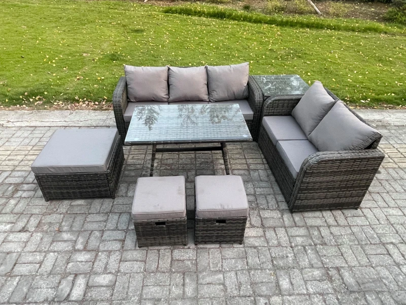 Image of Fimous Rattan Garden Furniture Dining Set 8 seater Patio Rectangular Table 3 Footstools Love Sofa Side Table Dark Grey Mixed Dark Grey