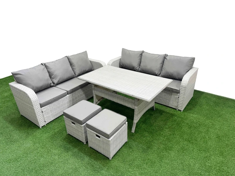 Image of Fimous Outdoor Garden Furniture Sets 8 Seater Wicker Rattan Furniture Sofa Sets with Rectangular Dining Table high Back Lounge Sofa Stools Light Grey