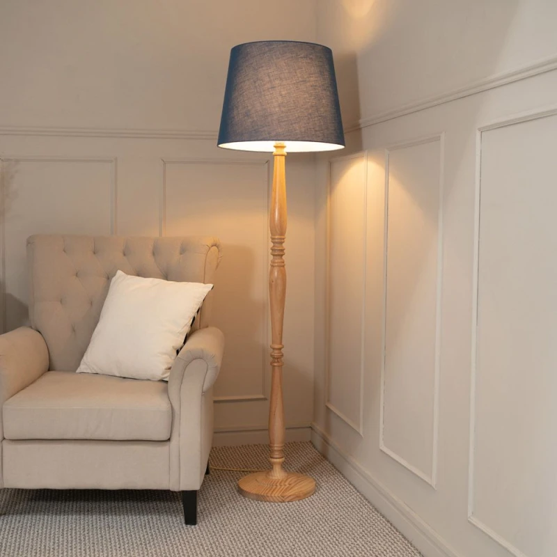 Image of ValueLights Victoria Light Wood Traditional Stem Floor Lamp with Fabric Tapered Shade Blue