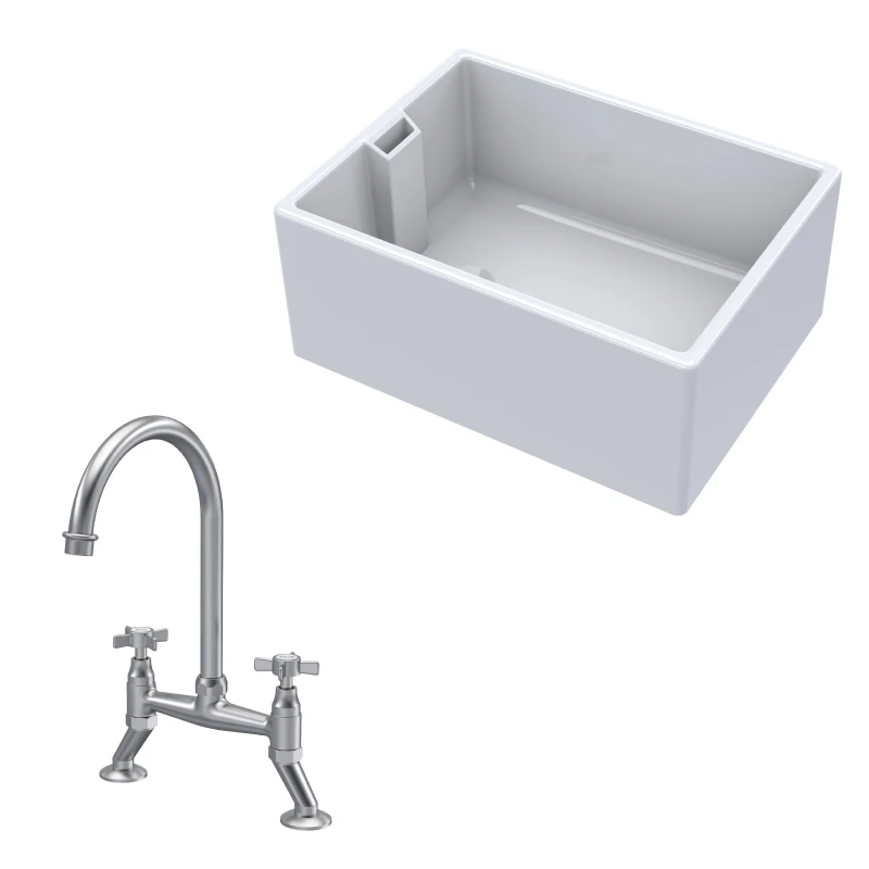 Image of BALTERLEY Balterley - Fireclay Kitchen Bundle - Single Bowl Belfast Sink & Bridge Crosshead Mixer Tap, 615mm - Brushed Nickel BKS222WT9