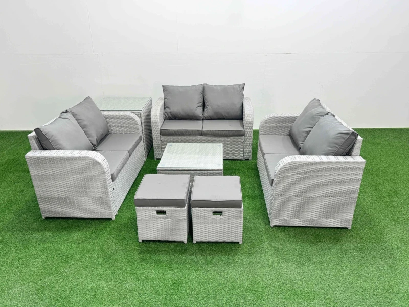 Image of Fimous 8 Seater PE Wicker Rattan Furniture Sofa Sets with Square Coffee Table 2 Seater Love Sofa 2 Stool Side Table Light Grey Light Grey