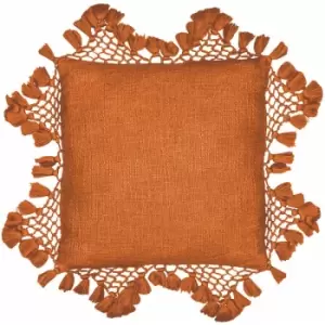 Image of Thelinenyard - The Linen Yard Anko Marcrame 100% Cotton Tasselled Cushion Cover, Pecan, 45 x 45 Cm