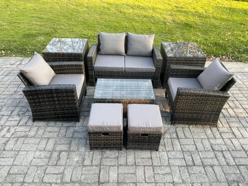 Image of Fimous 6 Seater Dark Grey Outdoor Rattan Garden Furniture Set Patio Lounge Sofa Rectangular Coffee Table with 2 Side Table Dark Grey Unisex