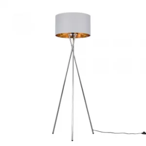 Image of Camden Chrome Tripod Floor Lamp with XL Grey and Gold Reni Shade