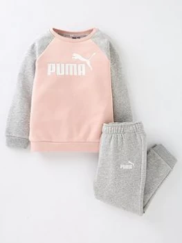 Image of Boys, Puma Infants Minicats Essentials Raglan Fleece Jogger Set - Pink, Size 9-12 Months