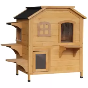 Image of PawHut Wooden Cat House Condos Cat Cave Pet Shelter 2 Floor Villa Outdoor Furniture Natural Wood Finish