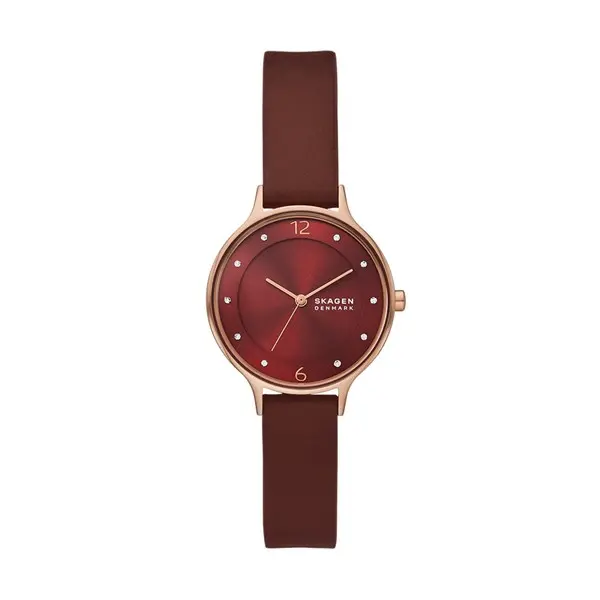 Image of Skagen SKW3064 Anita Rose Gold Plated Red Leather Strap Watch - W06292