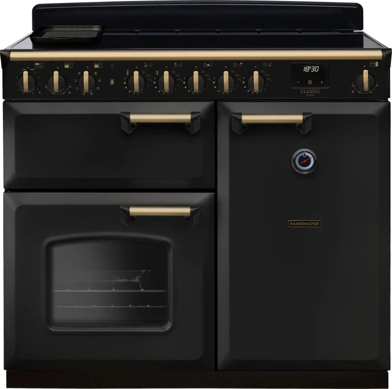 Image of Rangemaster CLDL100EIPCBL/AB1 Classic Deluxe 100cm Induction Range Cooker Antique Brass Trim 18310 - CHARCOAL BLACK CLDL100EIPCBL/AB1