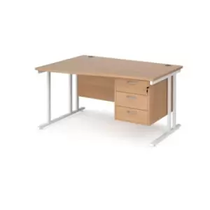 Image of Office Desk Left Hand Wave Desk 1400mm With Pedestal Beech Top With White Frame Maestro 25 MC14WLP3WHB
