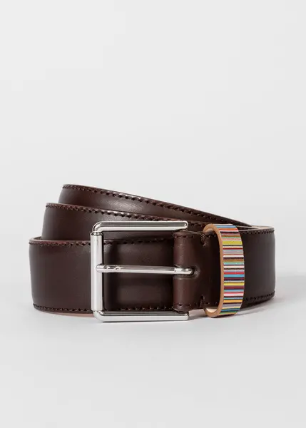 Image of Paul Smith Signature Stripe Keeper Leather Belt Dark Brown