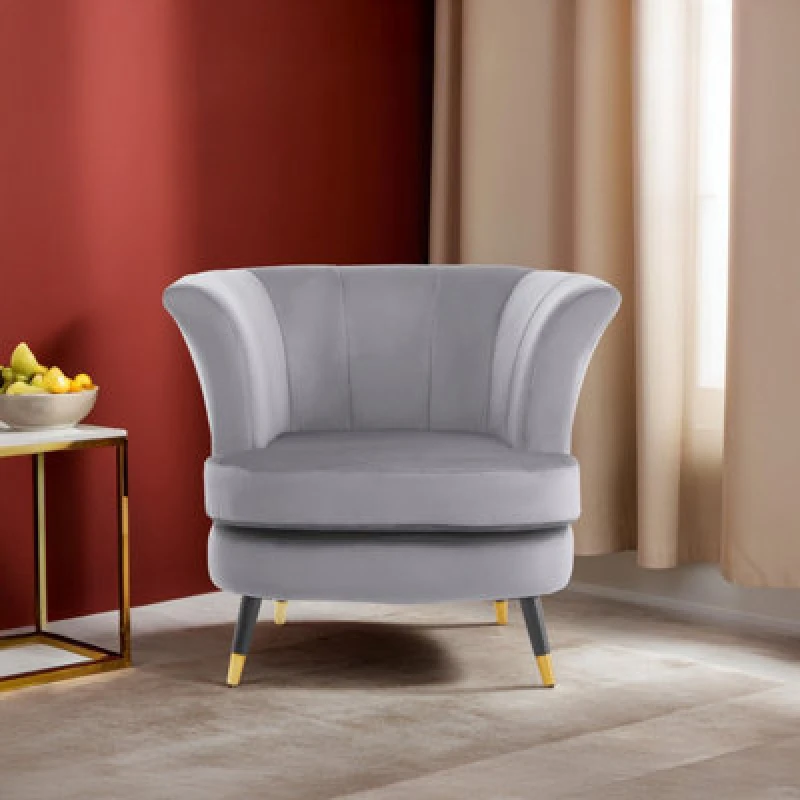 Image of Orsina Grey Velvet Scalloped Chair, Long-Lasting Scallop Chair Velvet, Body Supportive Scalloped Armchair