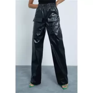 Image of I Saw It First Black Faux Leather Croc Embossed Wide Leg Utility Trousers - Black