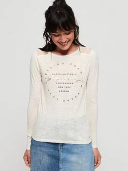Image of Superdry Lace Back Graphic Top - White, Size 14, Women