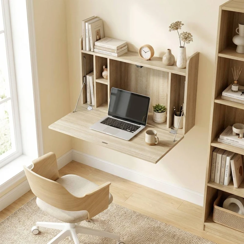 Image of HOMCOM Wall Mounted Table w/ Space Saving Storage Compartments in Light Oak Light Oak Unisex