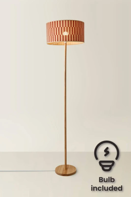 Image of ValueLights ValueLights Heather Light Wood Floor Lamp and Orange Checker Bamboo Shade and Bulb Orange One Size Unisex 5059406068928