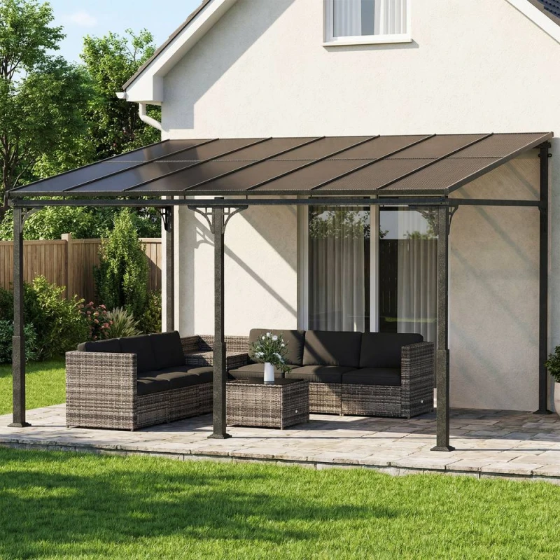 Image of OUTSUNNY 4 x 3m Metal Lean-to Hardtop Gazebo, Wall-Mounted Pergola in Brown Size: 4m x 3m Brown Unisex 4m x 3m