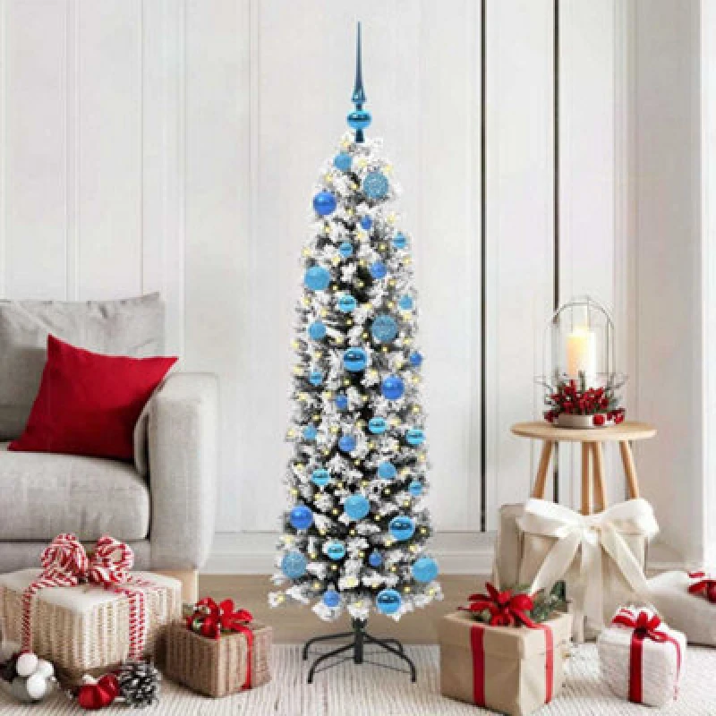 Image of vidaXL Artificial Christmas Tree with 150 LEDs, Blue Balls with Stand Snow Flocked Green 150 cm, Green 3395012