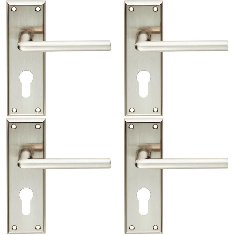 Image of Loops 4x PAIR Rounded Lever on Euro Lock Backplate Handle 150 x 50mm Satin Nickel Metallics