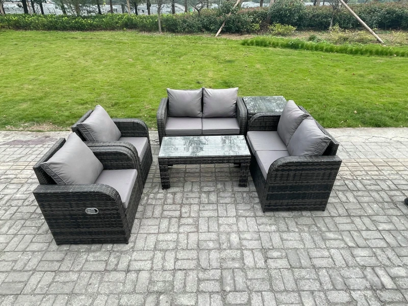 Image of Fimous 6 Piece Rattan Garden Furniture Set Outdoor Patio Sofa, Table and Chairs Garden Table Ideal for Pool Side, Balcony, Outdoor Set Dark Grey