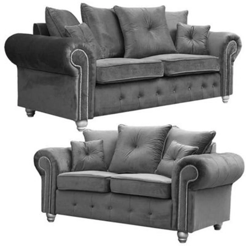 Image of Furnishings For Less UK Zoey Grey Plush Velvet Fabric Sofa Suite 3 Seater And 2 Seater Chesterfield Design