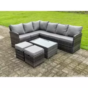 Image of Fimous 6 Seater Outdoor Dark Grey Mixed Rattan High Back Corner Sofa Set with Rectangular Coffee Table and 2 Stools