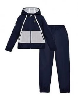 Image of Lacoste Sports Boys Colourblock Poly Hooded Tracksuit - Navy
