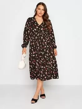 Image of Yours Button Through Dress Black Pink Animal, Black, Size 24, Women