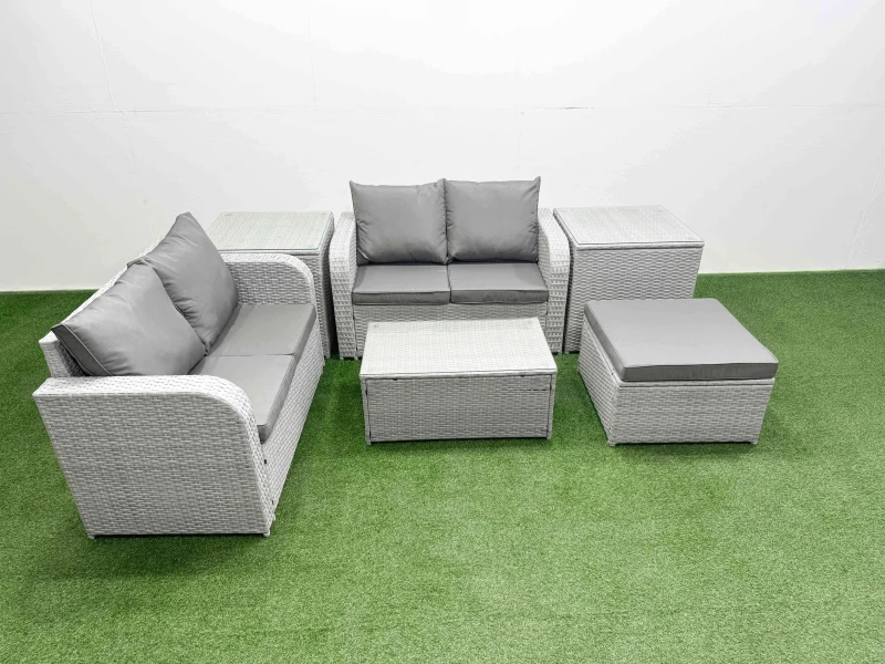 Image of Fimous 5 Seater Outdoor Love Sofa Set Rattan Garden Furniture Set with Rectangular Coffee Table Big Footstool 2 Side Tables Light Grey Light Grey