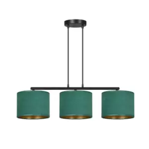 Image of Hilde Black Bar Pendant Ceiling Light with Green Fabric Shades, 3x E27