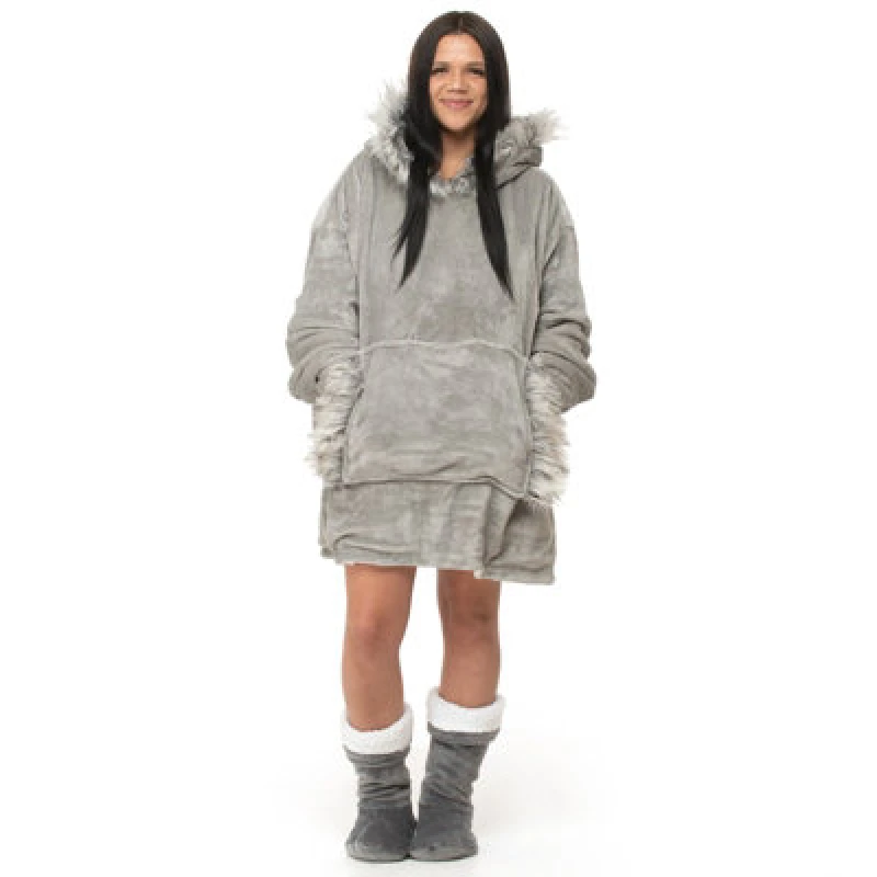 Image of Velosso Fur Trim Oversized Hoodie Blanket One Size Fits All in Grey Grey Unisex One Size