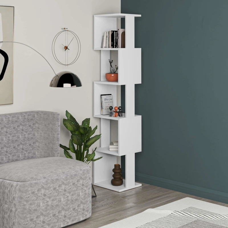 Image of Decortie Corner Bookcase Unit 30X35X161Cm Wall-mounted Bookshelf, Particleboard, White 8680812199462