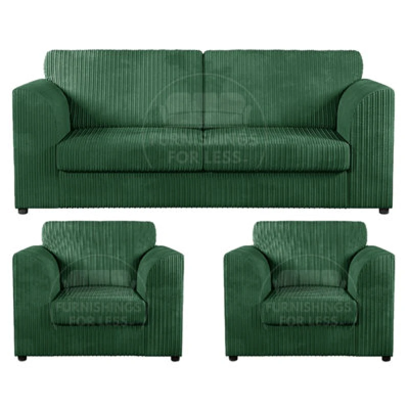 Image of Furnishings For Less UK Luxor Jumbo Cord 3 + 1 + 1 Fabric 3 Piece Sofa Suite - Fullback Green